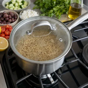 Quinoa che sobbolle in una casseruola coperta sul fornello