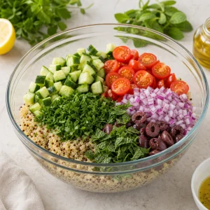 Quinoa fria misturada com pepino tomates cebola roxa azeitonas salsa e hortela numa tigela de vidro