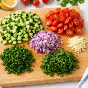 Pepino em cubos tomates cortados cebola roxa alho salsa e hortela preparados para salada de quinoa