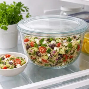 Salada mediterranea de quinoa pronta refrigerada numa tigela de vidro coberta com uma pequena tigela de servir