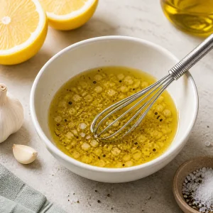 Molho de limao e azeite batido com alho picado sal e pimenta preta