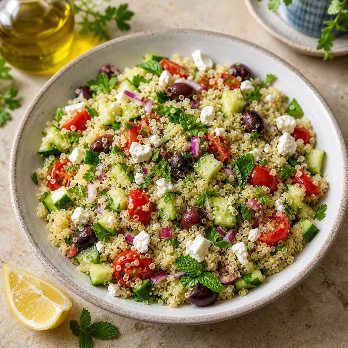 Ensalada mediterránea de quinoa con pepino, tomates cherry, aceitunas Kalamata, feta, perejil y menta