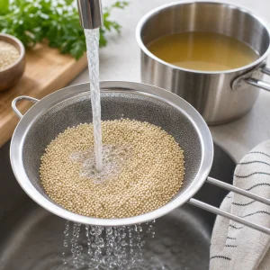Quinoa enxaguada em agua fria numa peneira fina antes de cozinhar