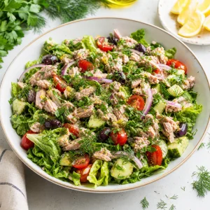 Finished Mediterranean tuna salad topped with fresh parsley and dill