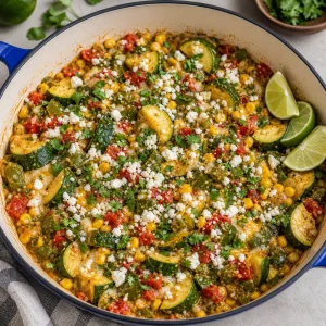 Calabacitas topped with queso fresco, cilantro, and lime wedges