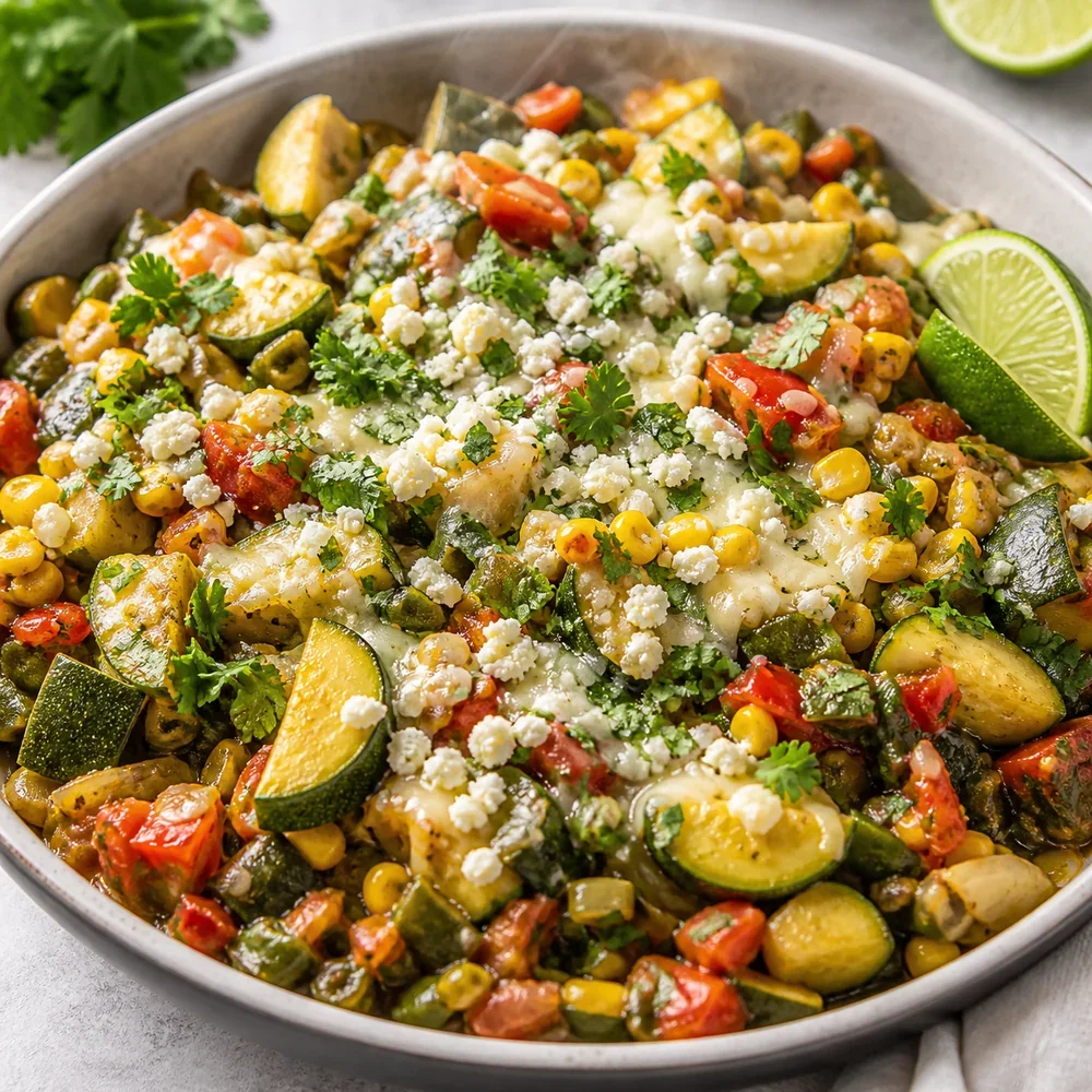 Finished calabacitas with corn, cheese, cilantro, and lime wedges