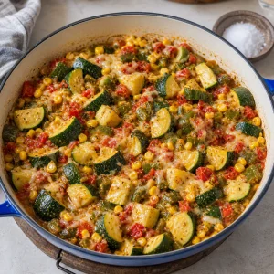 Finished skillet of calabacitas before garnish with zucchini still firm