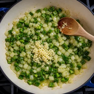 Minced garlic stirred into softened onion and poblano
