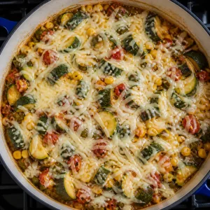 Shredded Monterey Jack melting into the hot calabacitas