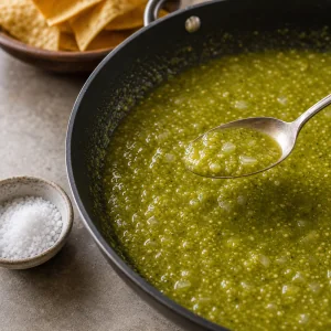 A spoonful of salsa verde lifted from the skillet beside a bowl of salt
