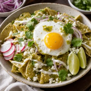 Finished chilaquiles verdes with a fried egg and fresh garnishes