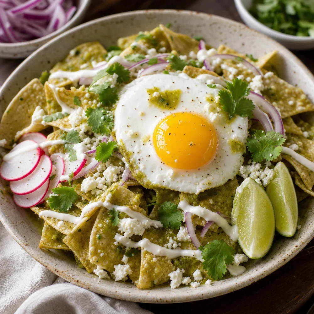 Finished chilaquiles verdes with a fried egg and fresh garnishes