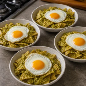 Four bowls of chilaquiles topped with fried eggs