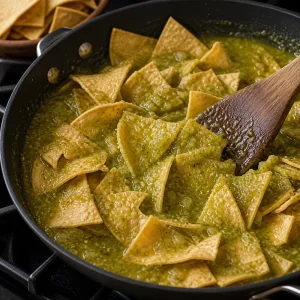 Tortilla chips being folded into simmering green salsa