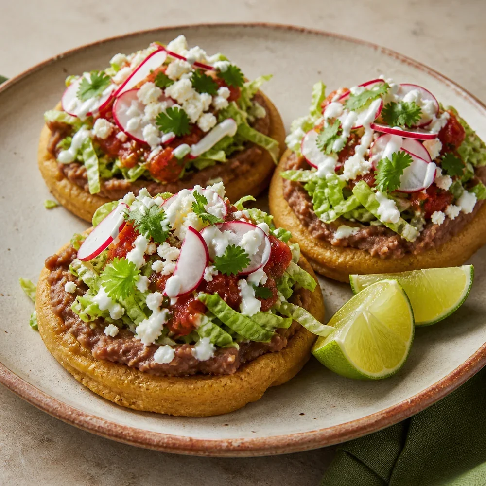 Finished Mexican sopes with refried beans and lime crema
