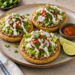 Finished sopes served with lime wedges and salsa