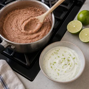 Refried beans warming beside lime crema