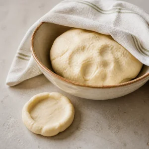 Rested masa dough under a damp towel