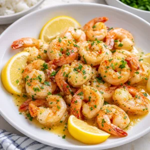 Crevettes au beurre a l ail terminees avec persil et quartiers de citron