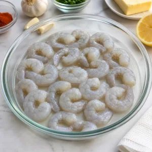 Crevettes crues essuyees dans un plat peu profond adapte au micro-ondes