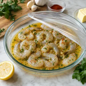 Crevettes enrobees de beurre a l ail et couvertes pour retenir la vapeur