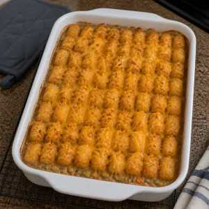 Baked hotdish with melted cheddar over browned tater tots