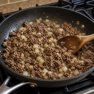 Browned beef mixed with softened onion and garlic in a skillet