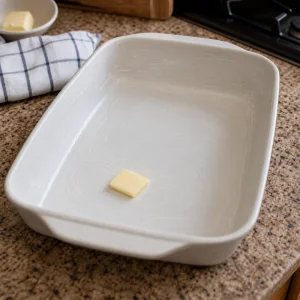 Butter greased baking dish ready for hotdish filling