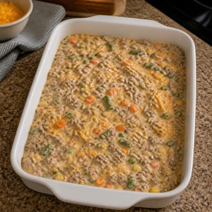 Creamy beef and vegetable filling spread in the baking dish