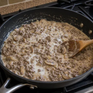 Creamy mushroom sauce stirred into browned beef in a skillet