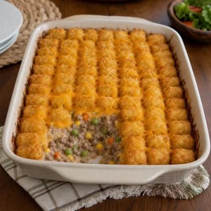 Finished tater tot hotdish with cheddar and creamy beef vegetable filling