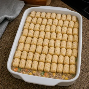 Frozen tater tots arranged in rows over the hotdish filling