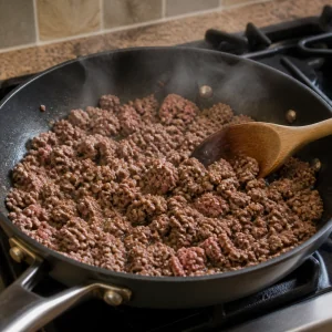 Ground beef browning in a skillet with a wooden spoon