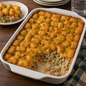 Rested hotdish sprinkled with parsley and a serving scooped out