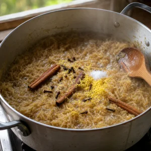 Chiverre mixture with cinnamon, cloves, lemon zest, and salt coming to a gentle boil.