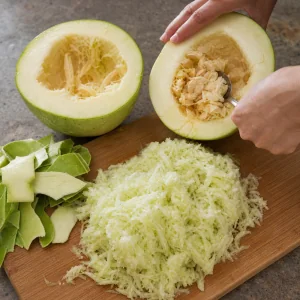 Chiverre squash halved, seeded, peeled, and coarsely grated for Miel de Chiverre.