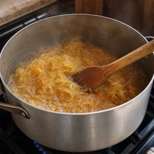 Chiverre syrup simmering gently over low heat while stirred with a wooden spoon.