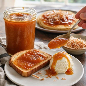 Finished Miel de Chiverre served on toast and ice cream with toasted coconut.