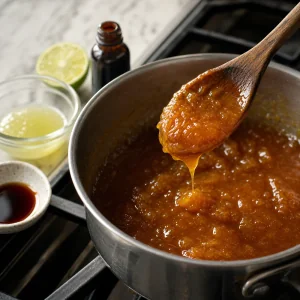 Glossy Miel de Chiverre coating a spoon as lime juice and vanilla are stirred in.