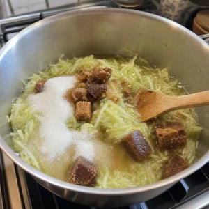 Grated chiverre mixed with sugar, panela, and water in a wide saucepan.