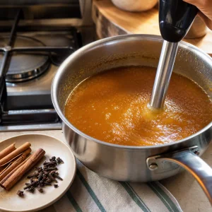 Miel de Chiverre being blended smooth after cinnamon sticks and cloves are removed.