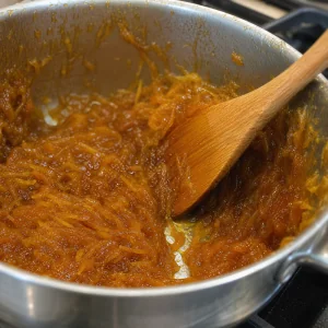 Thick amber chiverre mixture being mashed against the side of the saucepan.