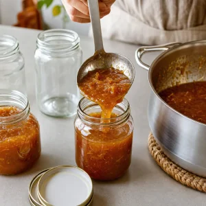 Warm Miel de Chiverre ladled into sterilized glass jars with headspace.