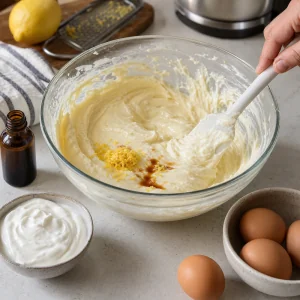 Cheesecake batter mixed with sour cream, vanilla, lemon zest, and eggs.