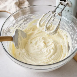 Cream cheese and sugar beaten into a smooth cheesecake filling.
