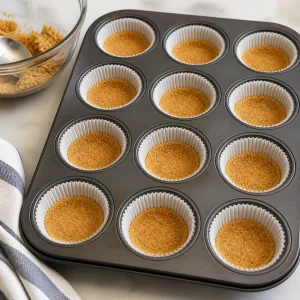 Golden graham cracker crusts pressed into paper-lined muffin cups.