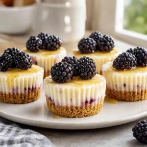 Mini blackberry cheesecakes with buttery graham cracker crust and honey drizzle.
