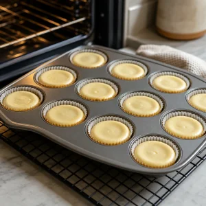Mini cheesecakes baked until set with pale tops in a muffin tin.