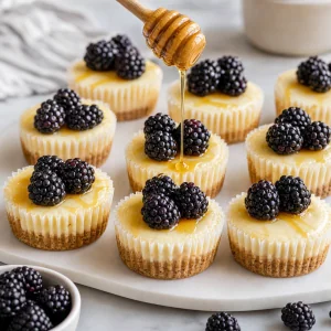Mini cheesecakes topped with fresh blackberries and a light honey drizzle.