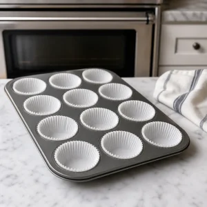 Muffin tin lined with paper liners for mini blackberry cheesecakes.